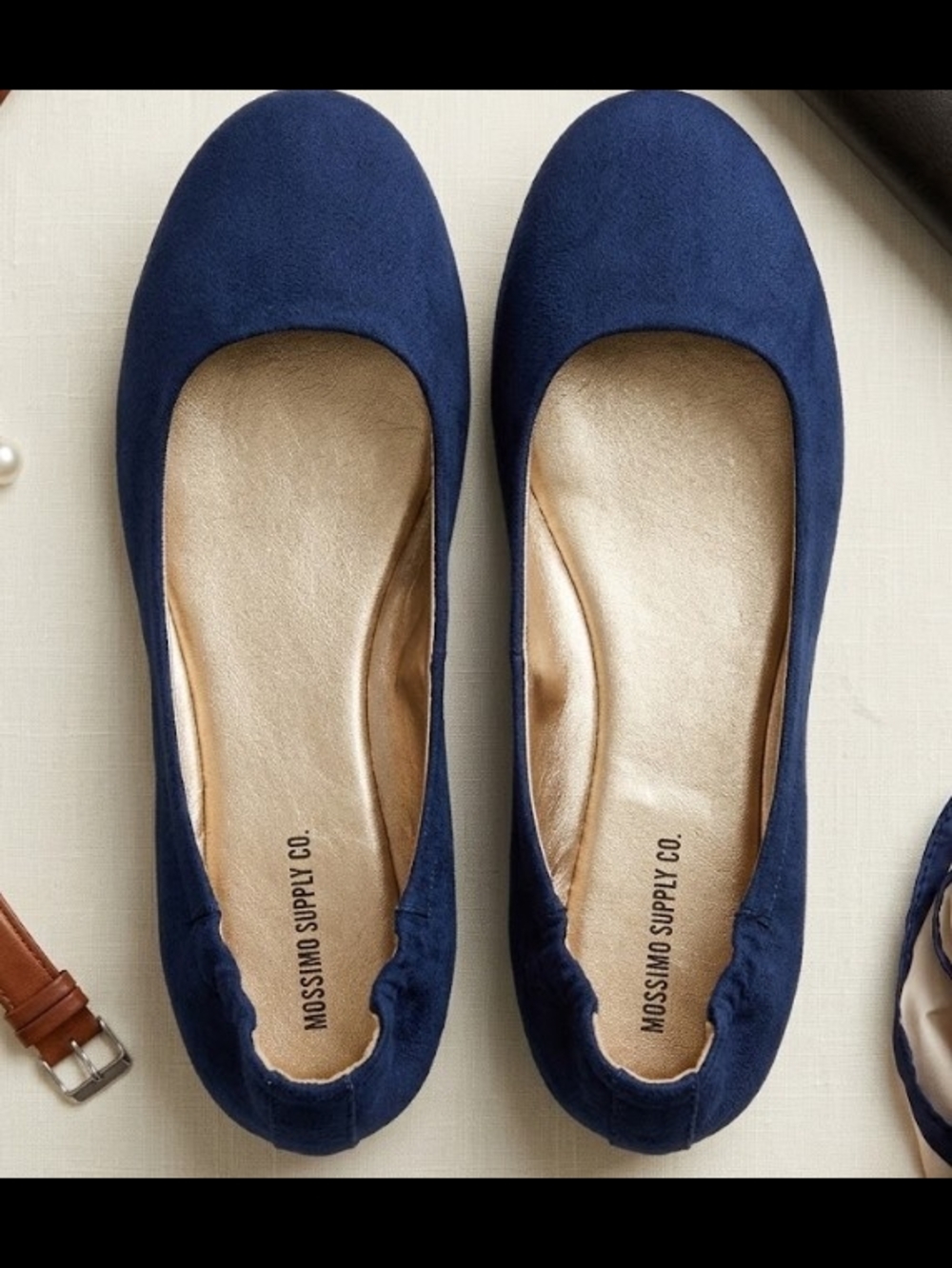 NWOT Mossimo Supply Co. Navy Fabric Ballet Flats Gold Insole (10) Easy Slip On